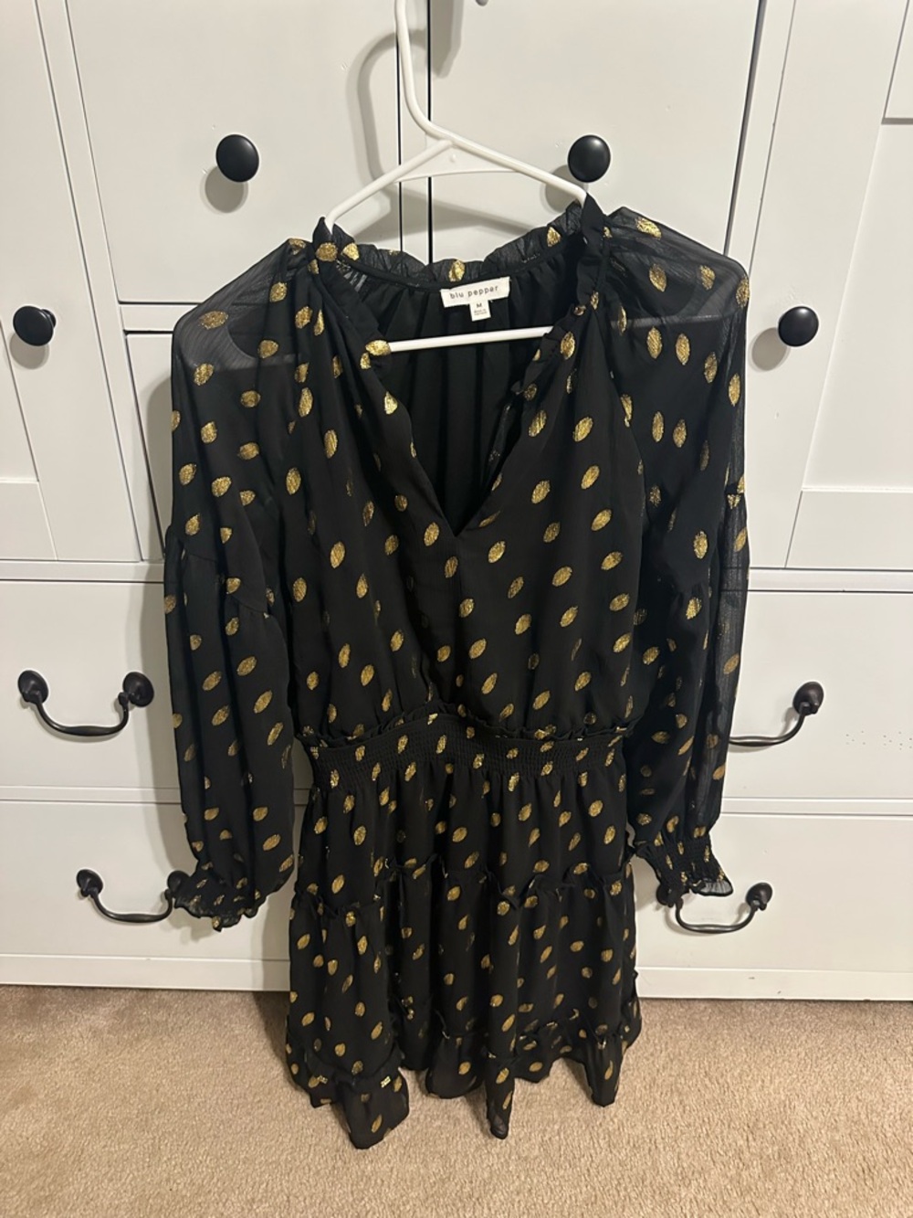 Blu Pepper Black Dress with Gold Leaf Motif